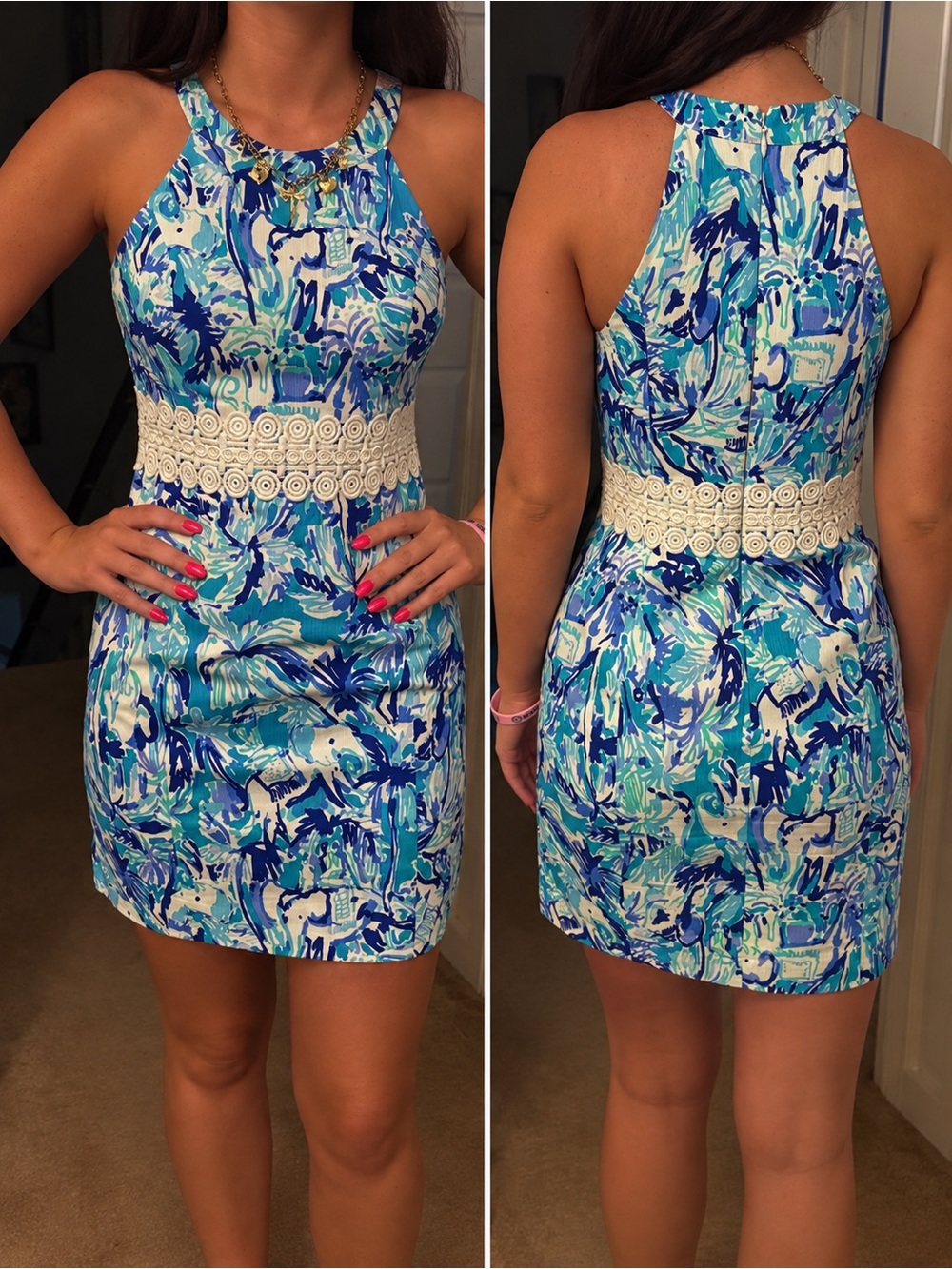 Lilly Pulitzer Blue Green Tropical Print Crochet Waist Dress Size 2